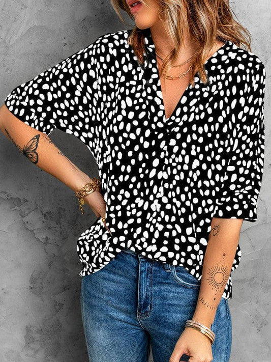 Leopard Print Women's Loose V-Neck Chiffon Shirt with Half Sleeves and Pullover Style
