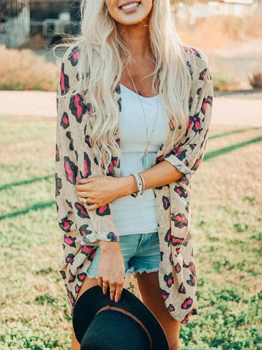 Leopard Print Mid-Length Cardigan for Women - Street Style Loose Coat with Long Sleeves