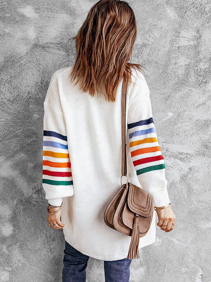 Women's Striped Lantern Sleeve Cardigan Sweater in Imitation Cashmere