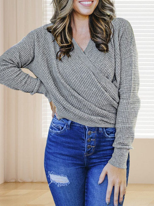 V-neck Ladies' Sweater with Cross Detail in Solid Colors and Sexy Long Sleeves