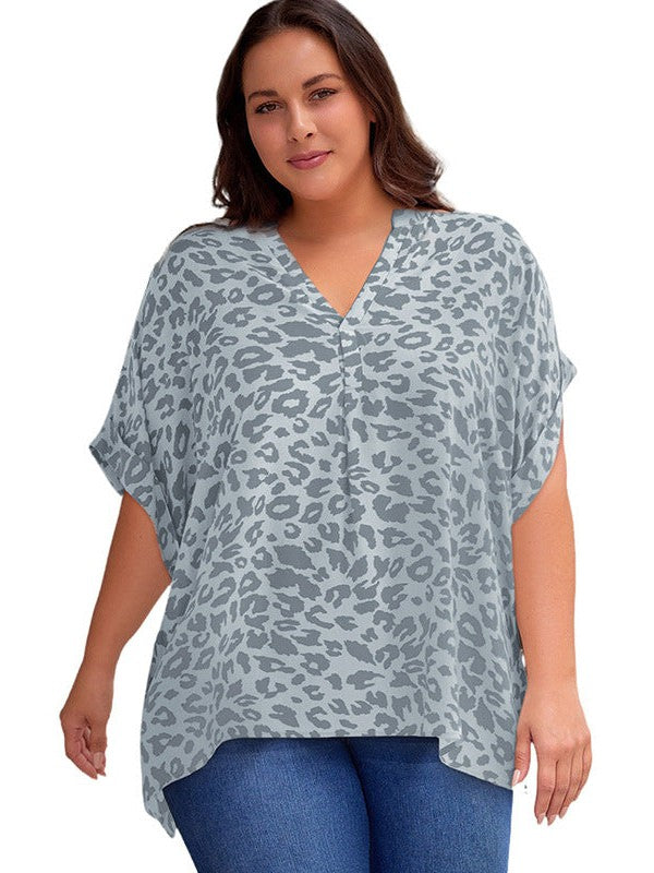 Leopard Print V-Neck Chiffon Pullover Top for Women - Stylish Loose Fit safari style shirt in XL size