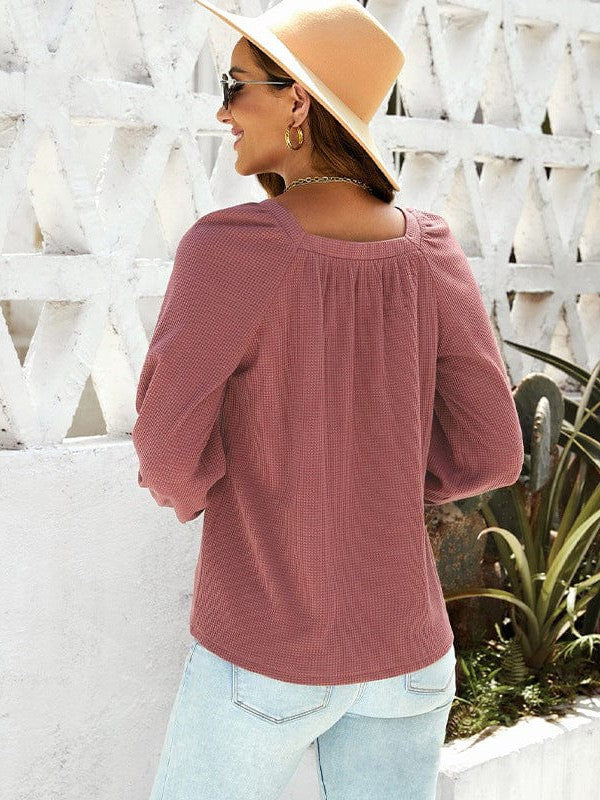 Solid Color Loose Waffle Women's Pullover with Square Neck and Bottoming Shirt