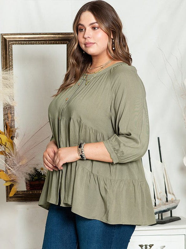 Women's Plus Size Loose Fit Babydoll Style Top with Three-Quarter Sleeves