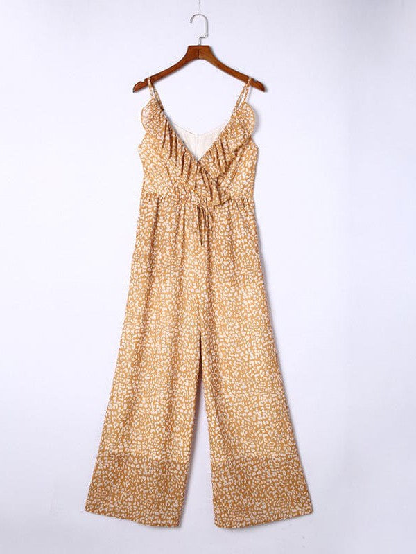 Ruffled Leopard Print Suspender Jumpsuit in Yellow for Women
