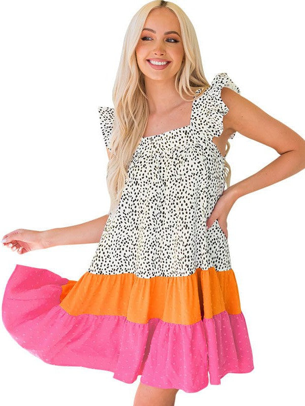 Leopard Print Suspender Skirt with Ruffled Chiffon Dress