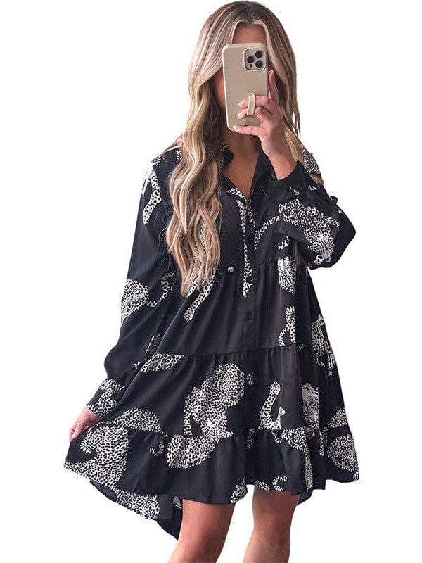 Leopard Print A-Line Dress with Ruffled Sleeves