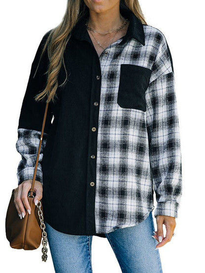 Plaid Corduroy Cardigan Tops for Women with Long Sleeves