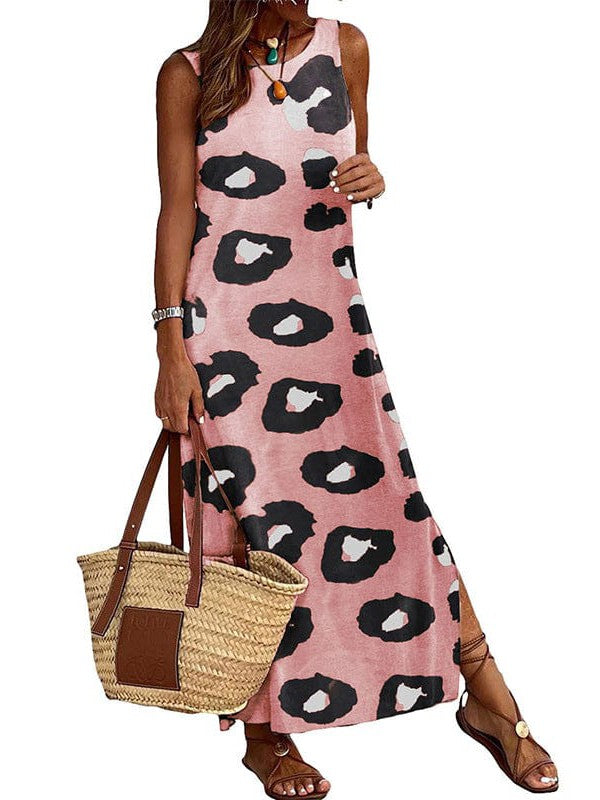 Leopard Print Sleeveless High Waist Dress with Backless Detail