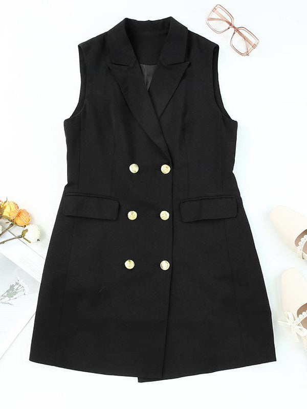 Sophisticated Sleeveless Double-Breasted Women's Suit Skirt with V-Neck