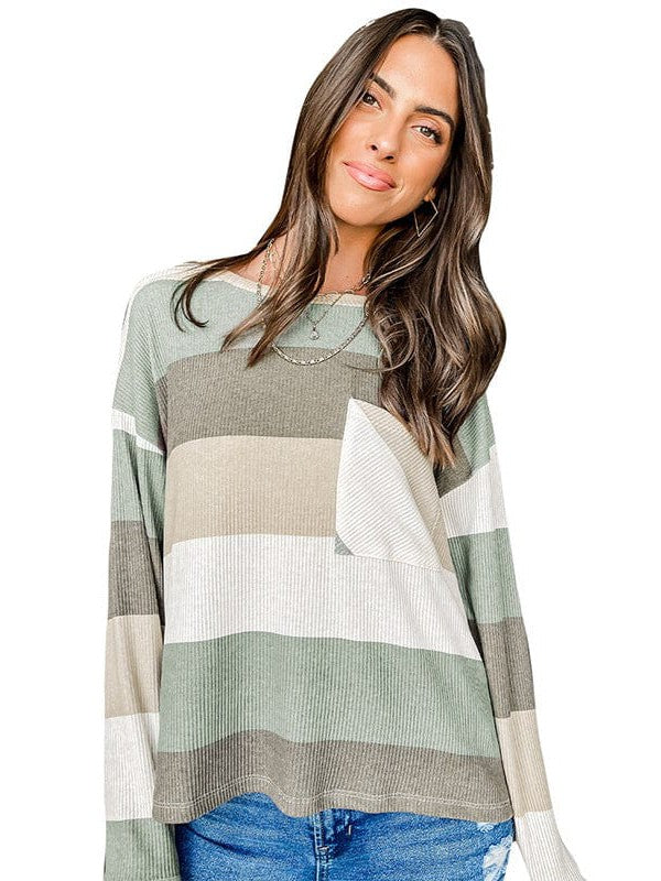Color Block Patchwork Pocket Women's Pullover Round Neck Long Sleeve Top for Ladies
