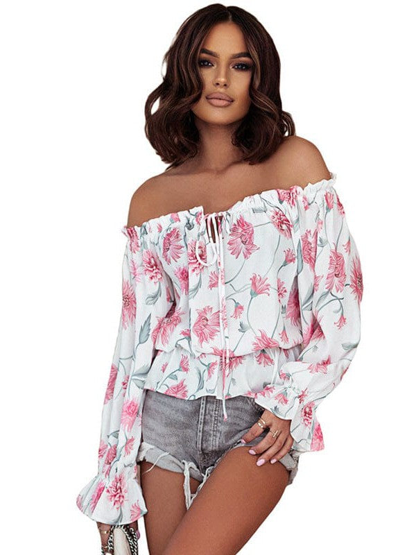 Floral Chiffon Women's Shirt featuring Printed Design, One-Line Collar, Ruffle Waist Strap, and New Top Style