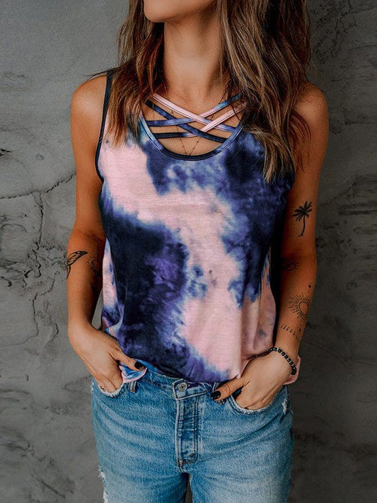 Unique Tie-Dye Print Women's Sleeveless Vest, Casual Crossover Pullover with Simple Style