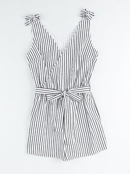 Fashionable Striped Sleeveless Jumpsuit with Bow V-Neck for Women