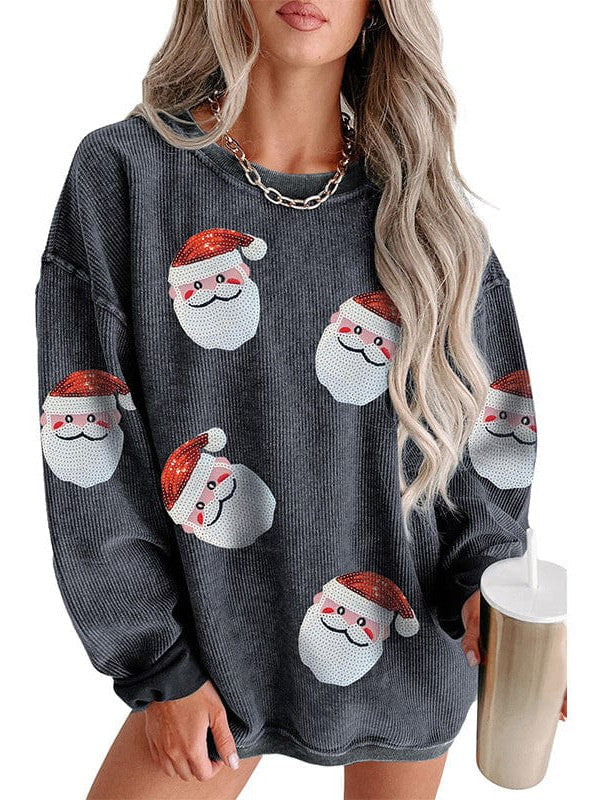 Santa Claus Patch Print Women's Christmas Sweatshirt with Round Neck and Long Sleeves