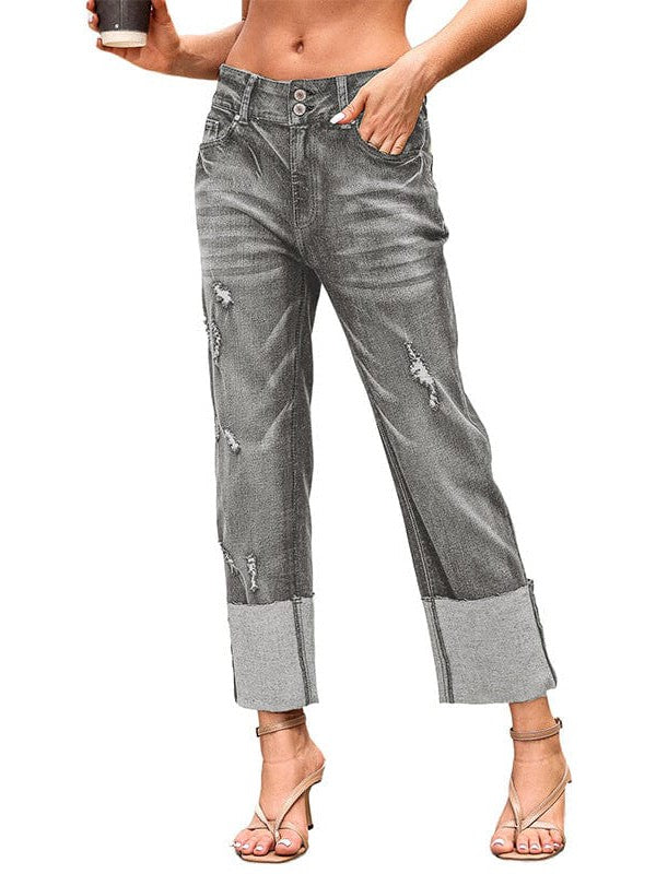 Hole-Detailed High-Waisted Beggar Pants with Toe Opening