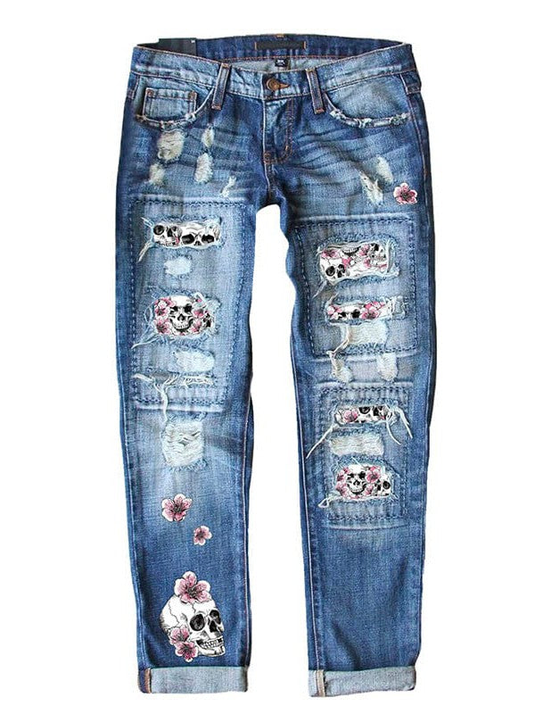 Stylish High-Waisted Denim Pencil Pants with Beaded Patch - Sky Blue