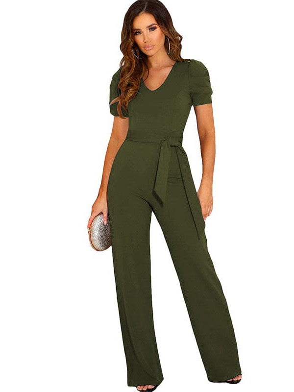 Women's Elegant V-Neck Lace-Up Puff Sleeve Jumpsuit with Wide-Leg Style