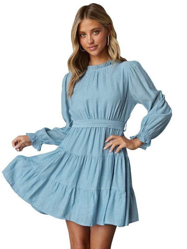 Stylish Strap Waist High Neck Long Sleeve Dress with Solid Color Skirt