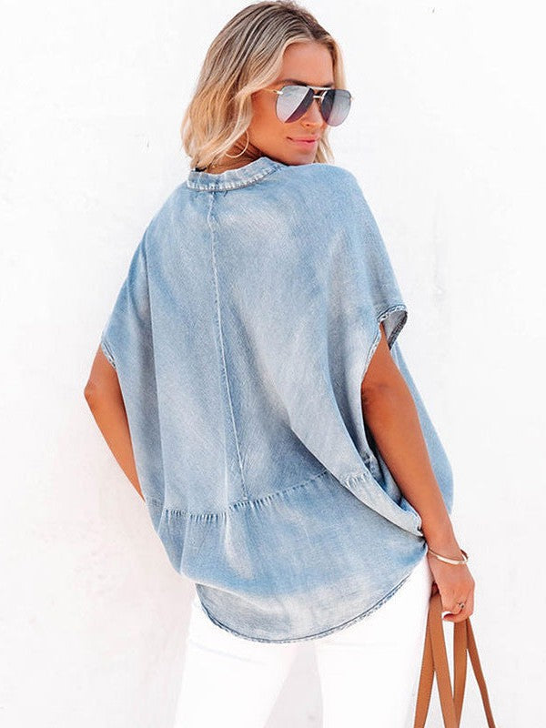 Denim V-neck Loose Top in Solid Color for Women, Casual Pullover Shirt