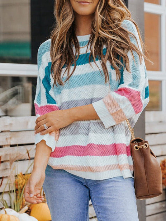 Women's Striped Bat-Sleeve Sweater with Contrast Details and Loose Fit