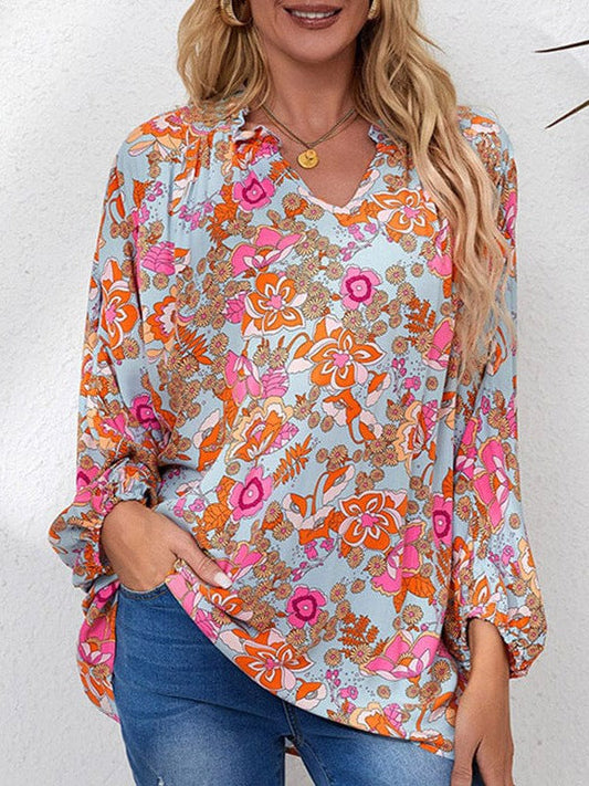 Floral Print V-Neck Chiffon Blouse with Long Sleeves for Women