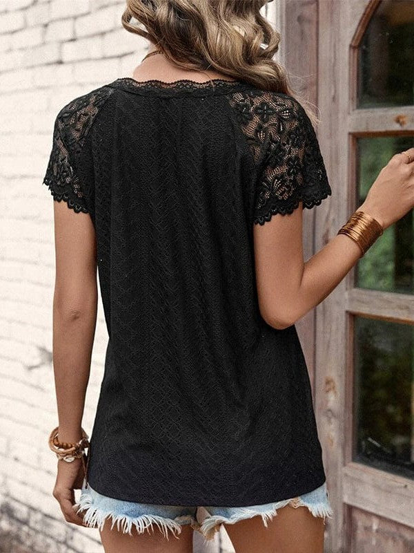 Retro Hollow Short-Sleeved Lace V-Neck Knit Top for Women