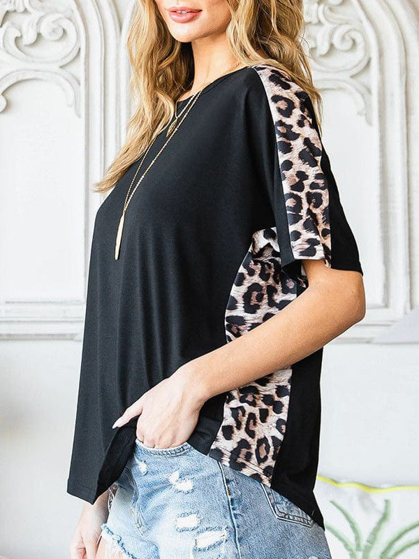 Leopard Print Bat Sleeve Loose Top with Round Neck for Women