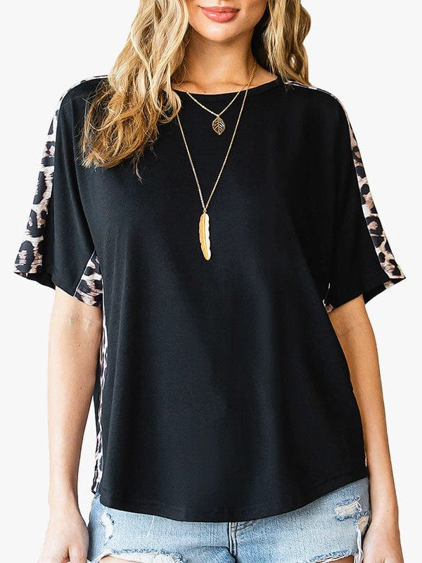 Leopard Print Bat Sleeve Loose Top with Round Neck for Women
