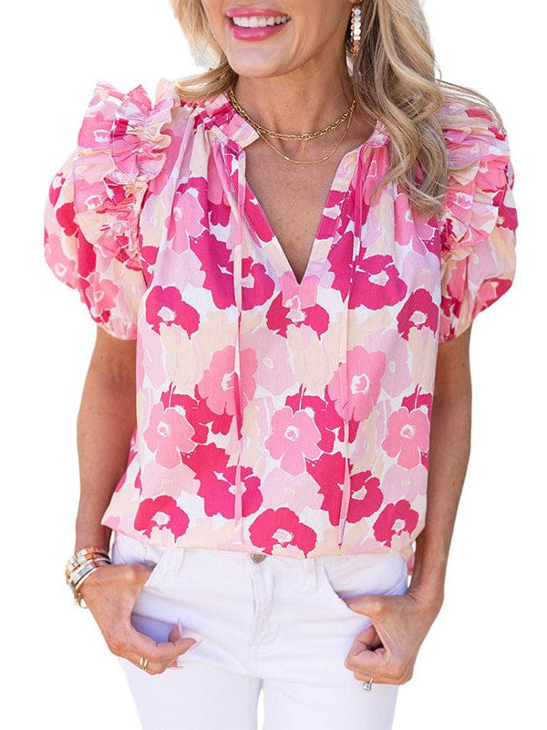 Floral Print V-Neck Chiffon Top with Puff Sleeves for Women