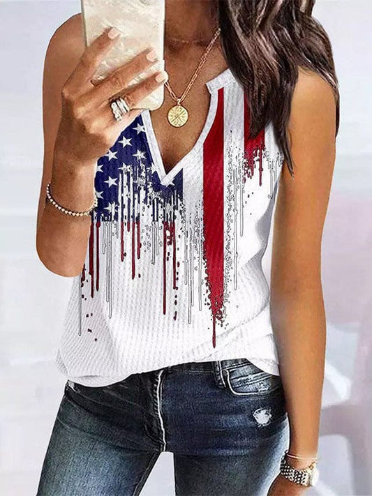 V-neck Independence Day Flag Print Women's Vest with Sleeveless Design
