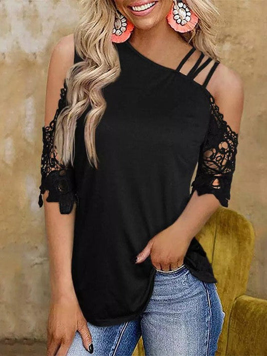 Women's Black Lace Round Neck Loose Fit T-Shirt with Short Sleeves