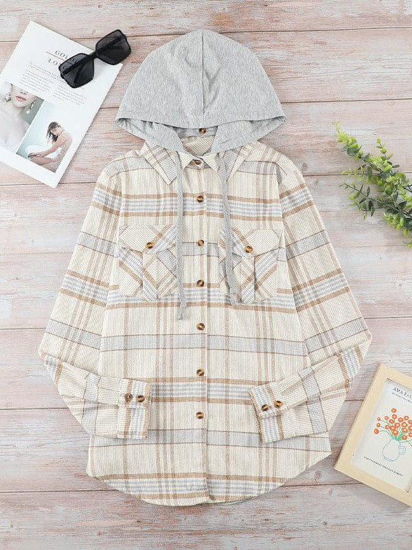 Women's Plaid Hooded Cardigan Coat with Thickened Polyester Fabric