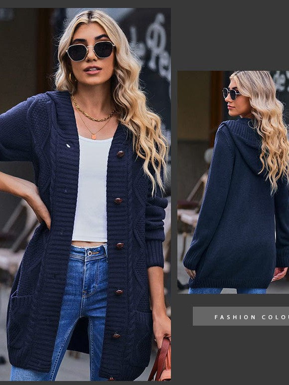 Women's Elegant Hooded Cardigan Jacket in Solid Colors with Twist Design - Long Sleeve Fashion Apparel for Trendy Street Style