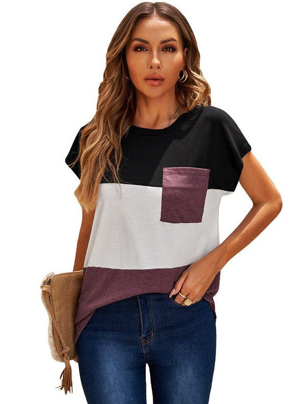 Women's Loose Fit Short Sleeve T-Shirt with Round Neck and Solid Color Pocket
