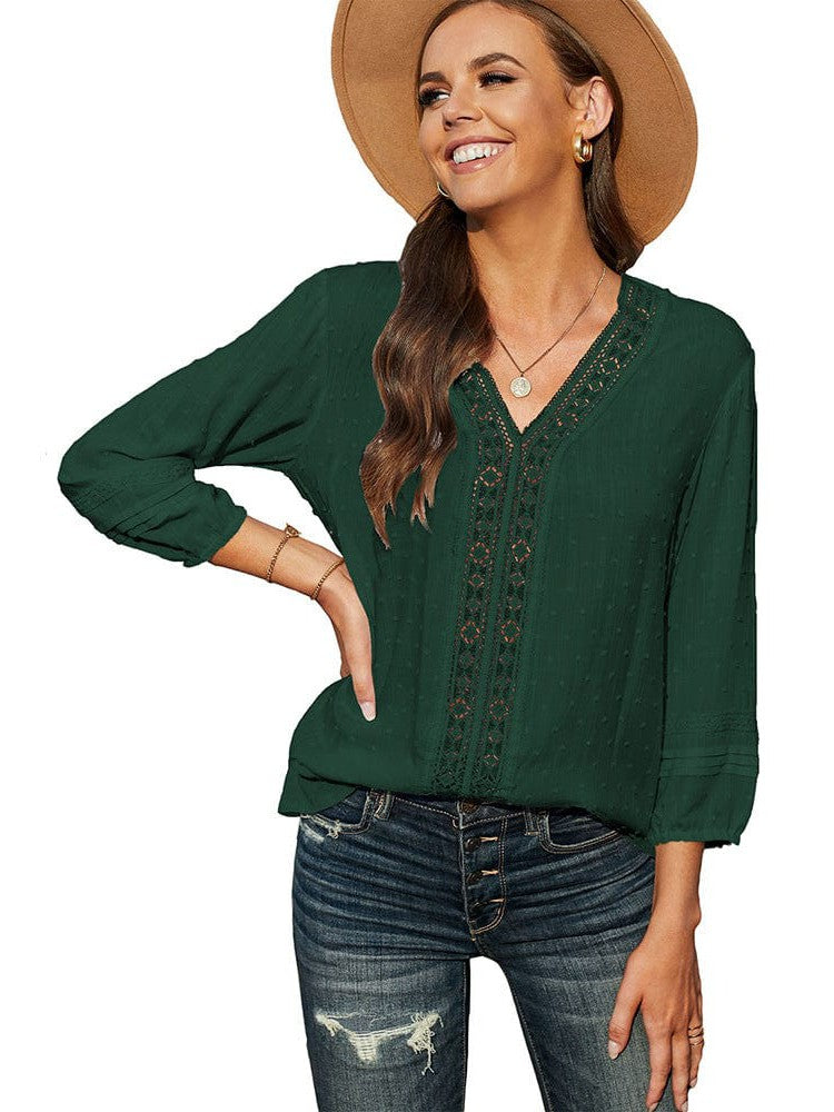 Women's Polka Dot Jacquard Shirt with Hollow Lace V-Neck for a Stylish Look