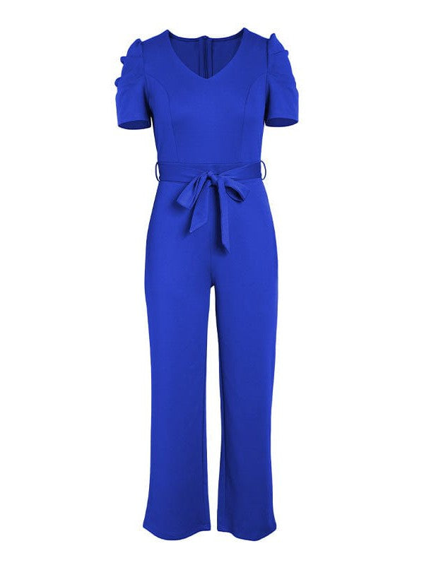 Women's Elegant V-Neck Lace-Up Puff Sleeve Jumpsuit with Wide-Leg Style