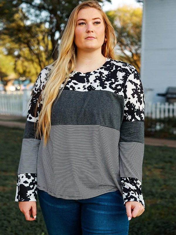 Leopard Print Striped Long Sleeve Plus Size Pullover for Women