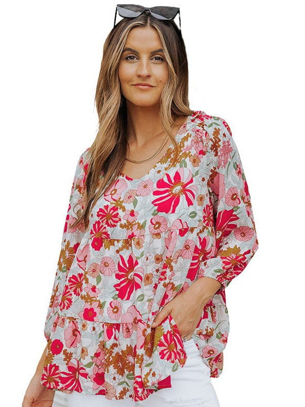 Chic V-Neck Pullover with Three-Quarter Sleeve and Floral Print