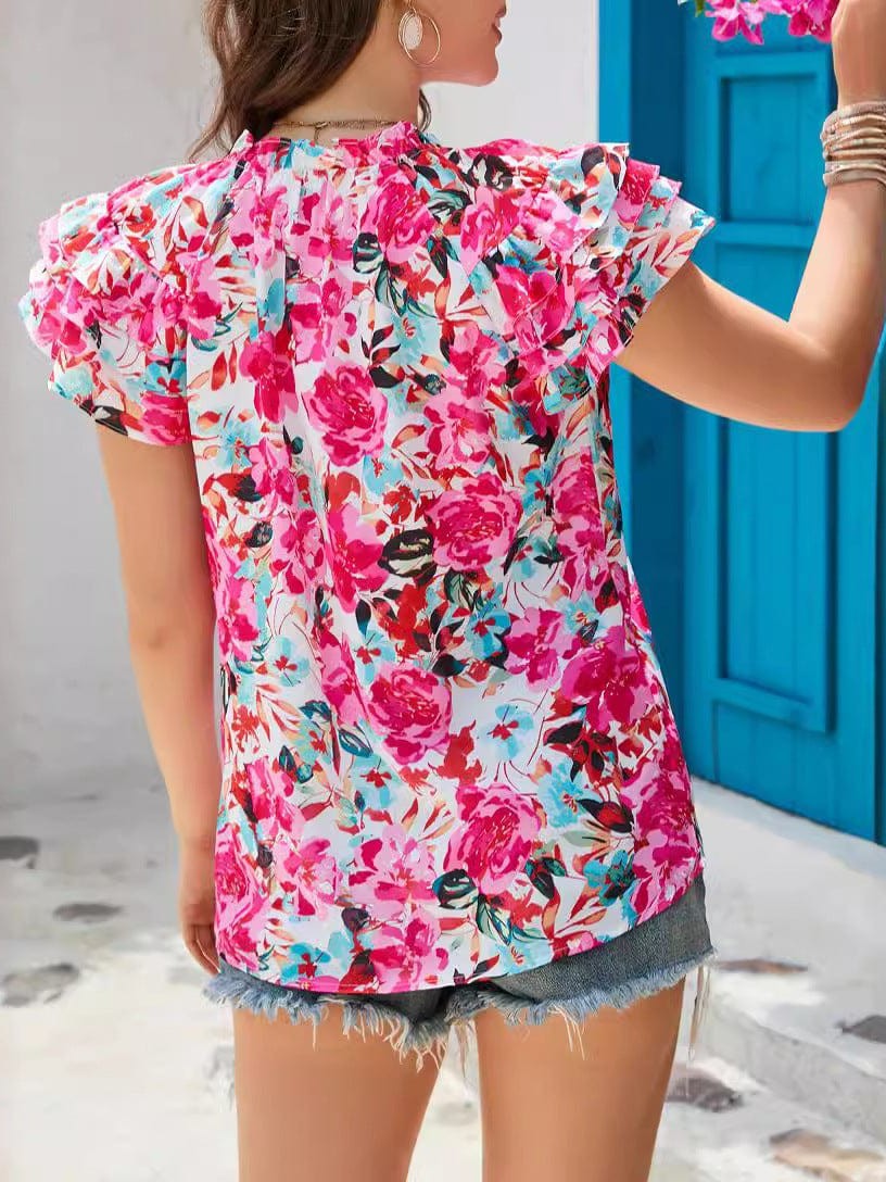 Floral Print Chiffon Pullover with Stylish Ruffle Sleeves for Women