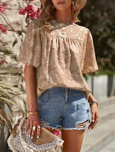 Women's Loose Floral Chiffon Pullover Shirt with Short Sleeves and Casual Style