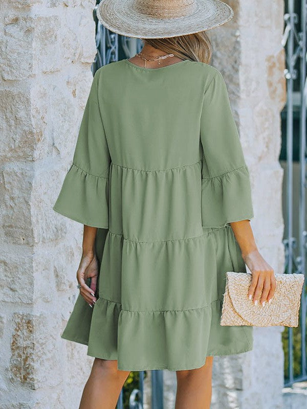 Simple Elegance: Light Blue, Pink, and Light Green V-neck Dress with Bell Sleeves and High Waist