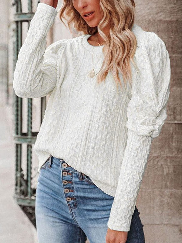 Women's Loose Fit Pullover Sweater with Round Neck and Balloon Sleeves