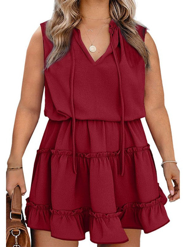 Versatile Ruffled Solid Color Plus Size Midi Dress with V-Neck Tie