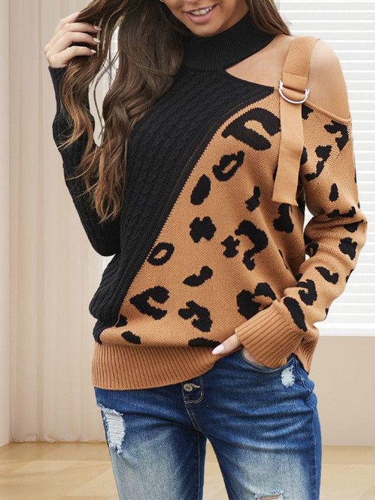 Leopard Print Patchwork Off-Shoulder Sweater with Asymmetric Buckle