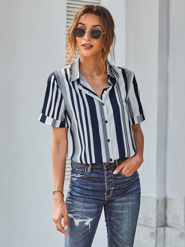 Women's Short-Sleeve Striped Buttoned Cardigan with Simple Style in Polyester Fiber
