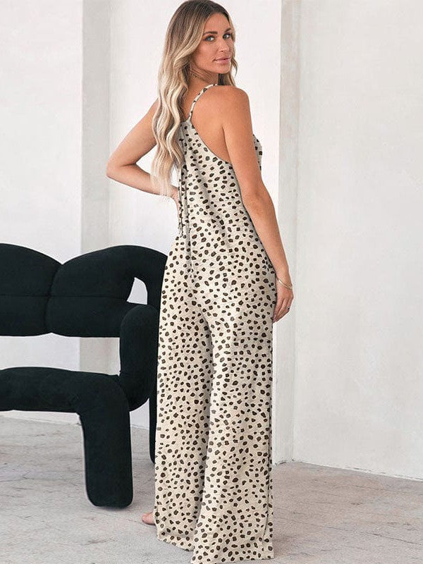 Leopard Print Sleeveless Suspender Jumpsuit in Khaki for Women