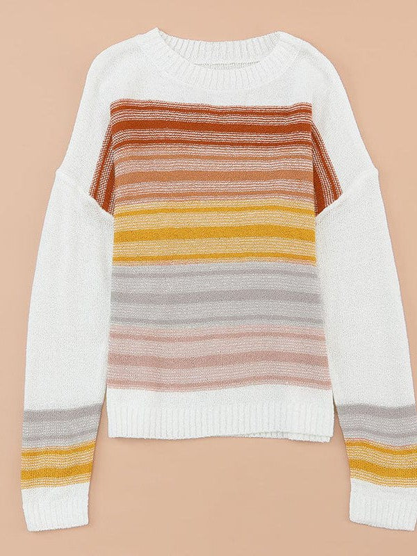 Colorful Striped Knitted Sweater with Rainbow Print for Women