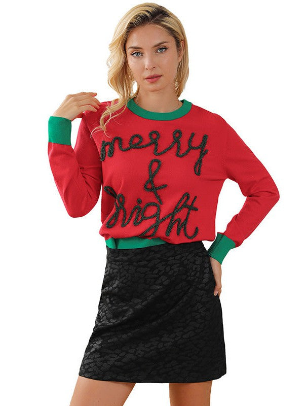 Women's Casual Christmas Sweater with Letter Print Round Neck Long Sleeve Top