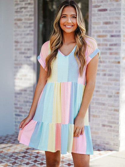 Colorful Striped V-Neck High Waist Dress with Short Sleeves