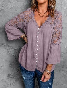 V-neck Pullover Women's Loose Cotton Top with Contrasting Elements